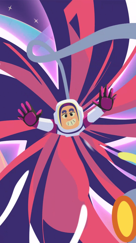 Colorful space-themed 2D motion graphics with illustrated astronaut
