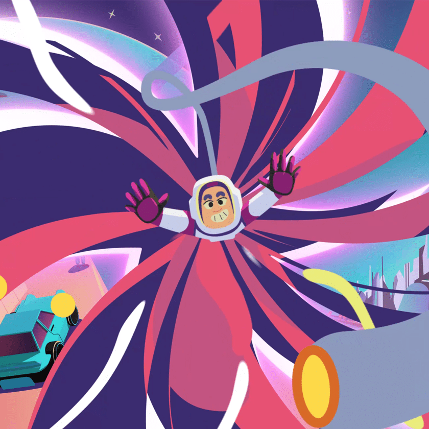 Colorful space-themed 2D motion graphics with illustrated astronaut