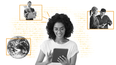 Corporate motion graphics collage featuring professionals using devices