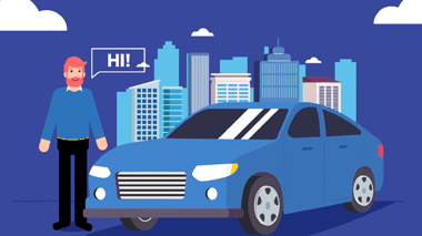Animated brand video thumbnail with illustrated man and blue car in city