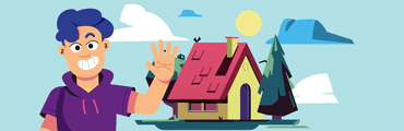 Animated explainer video thumbnail with character waving in front of house illustration