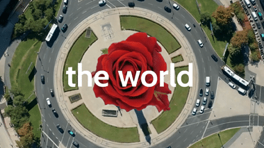 Brand storytelling video with aerial view of city and red flower reading “the world”